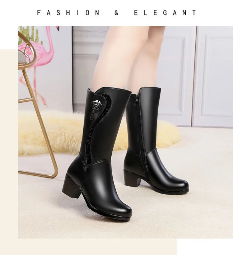 Winter Women's Boots Plush Warm Snow Boots Fashion Mid-calf High Heel Boots for Women High-quality Leather Boot Botas Mujer