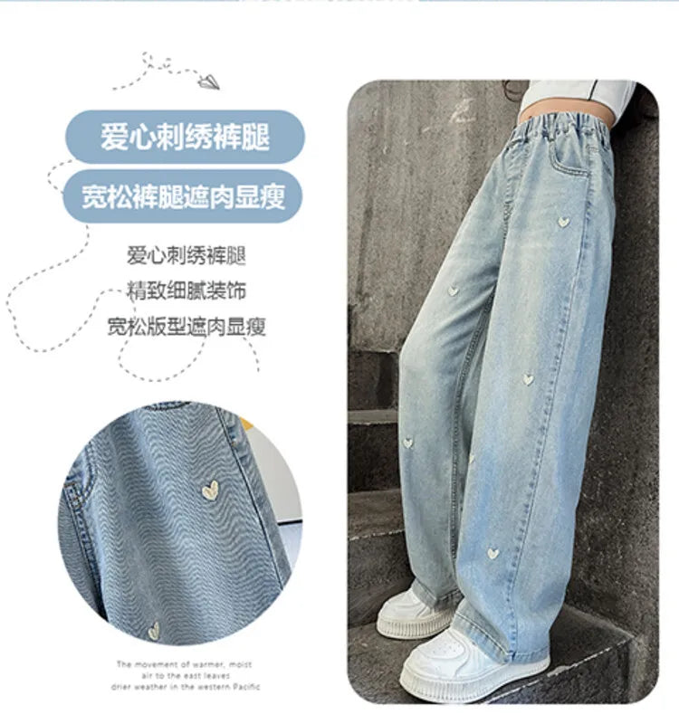 Ropa de verano para niñas, pantalones vaqueros con bandas elásticas y diseño de corazón para niñas, pantalones vaqueros Tencel finos y rectos con pierna ancha.