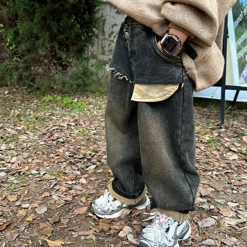 Spring and Autumn Boys' Integrated Velvet Jeans New Korean Splicing Children's Autumn and Winter Thick Velvet Denim Pants