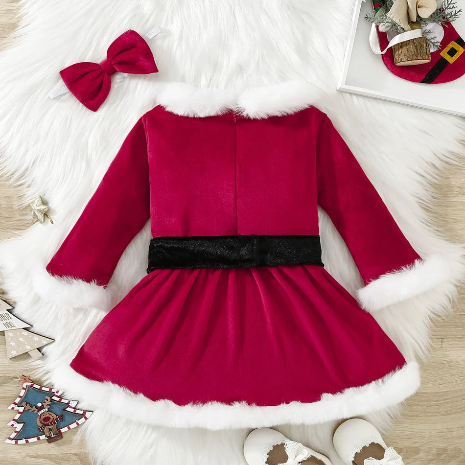 Children Christmas Party Dress Velvety with Fluffy Trim Hooded V-Neck Xmas Gown with Waist Bow Girl Red Christmas Dress