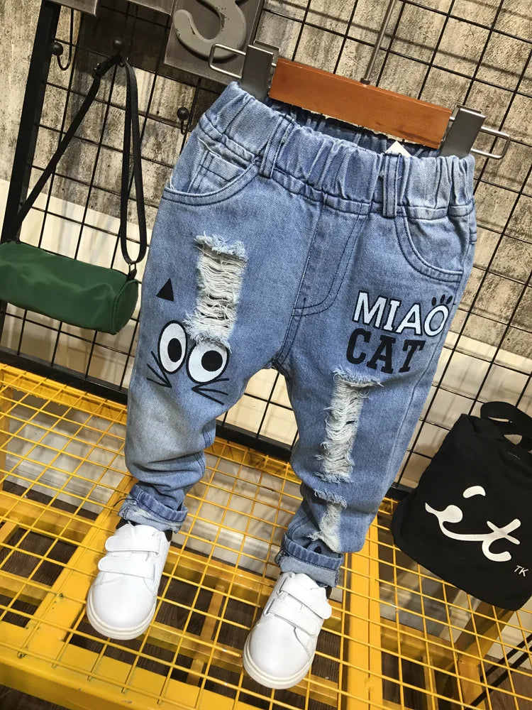 Pantalones vaqueros para niñas de 1 a 7 años, informales, con agujeros y estampado de gato de dibujos animados, para primavera y otoño