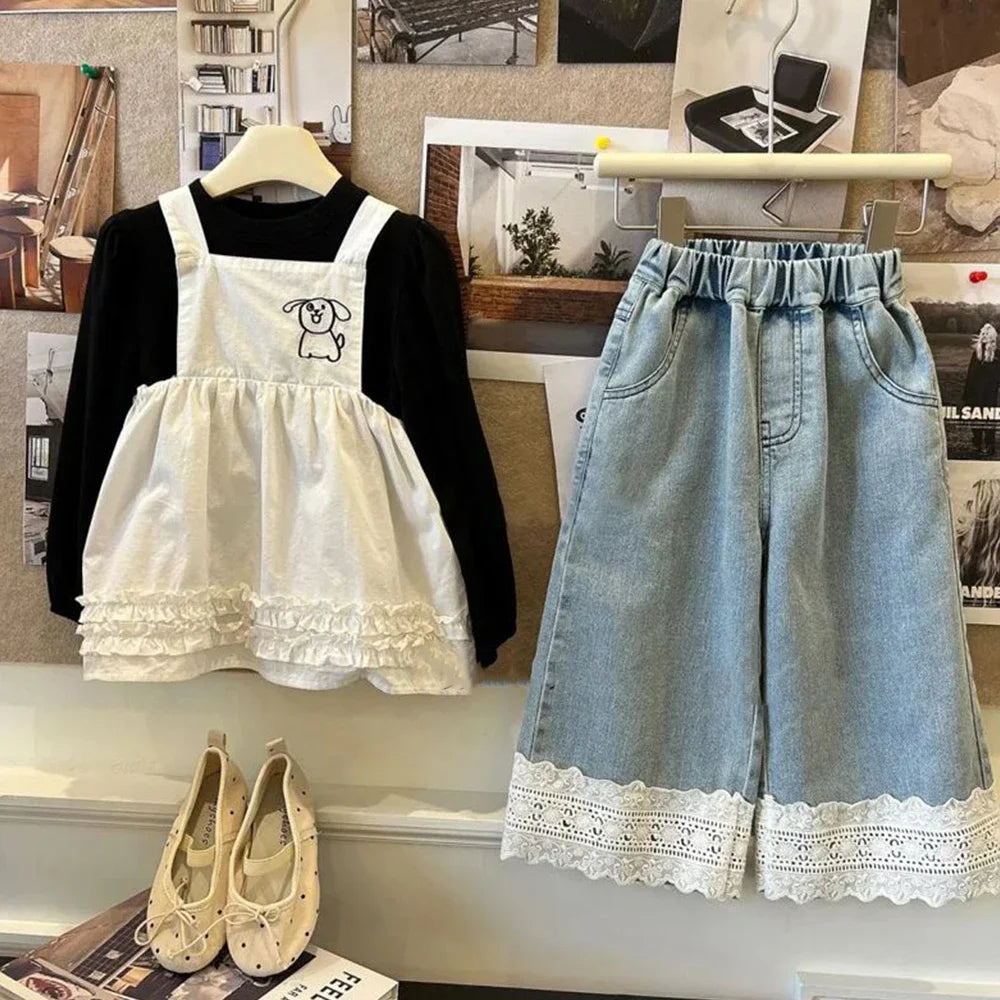 Pantalones vaqueros azules de verano Bear Leader para niñas de 2 a 7 años, ropa sencilla para niños, edición coreana, pantalones casuales con decoración de encaje a la moda.