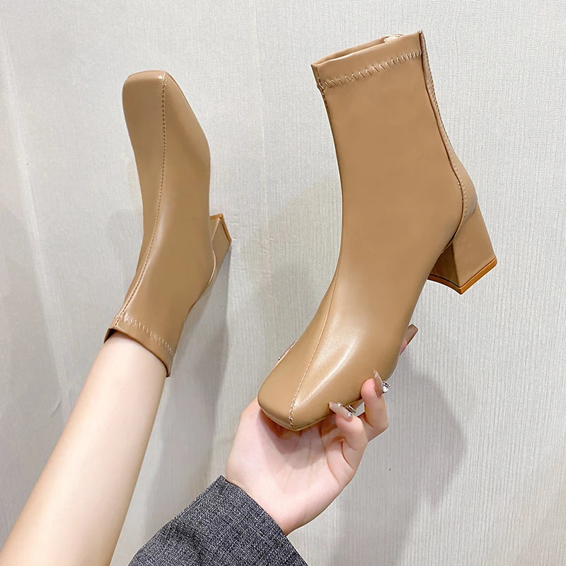 Casual Women's Thick Heel Medium Heel Boots Women's New Winter Square Toe Back Zipper Heightening Short Boots