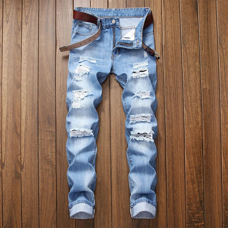 2025 Men's Straight Ripped Destruction jeans Distressed Jeans Men Denim Trousers Fashion Designer Brand Light blue Pants Male