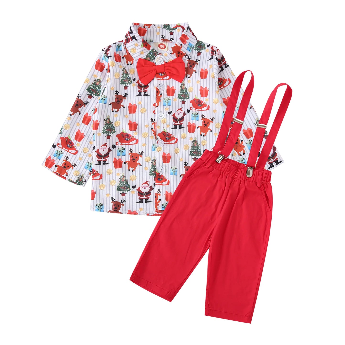 Ceeniu 1-5Y New Year Costume For Boy Christmas Outfit Santa Deer Printed Necktie Shirts and Red Pants Children Christmas Clothes