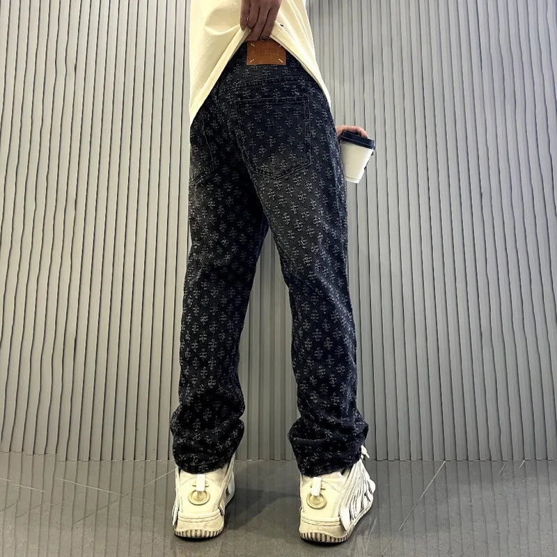 Pantalones vaqueros con estampado jacquard para hombre, rectos, holgados, desgastados y anchos.