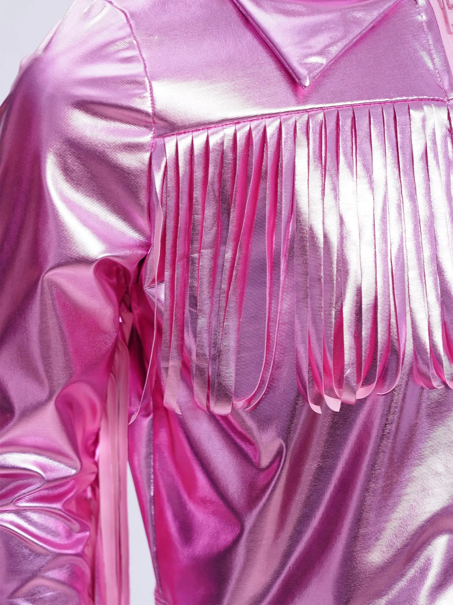 Kids Girls Tassels Metallic Jacket Top Fringe Shiny Turn-Down Collar Long Sleeve Zipper Jacket Coat for Hip Hop Street Dance
