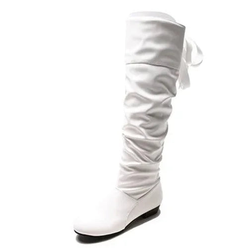 Shoes For Women Spring Knee High Boots Red Black White Tall Boots Woman Pleated Low Heel Casual Leather Female Long Shoes