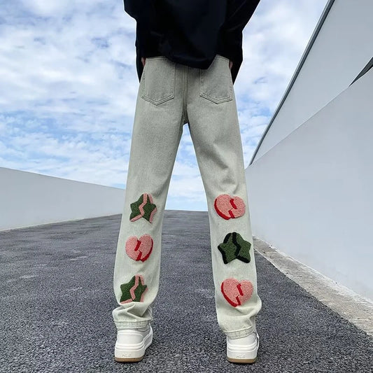 2025 New Goth Graffiti Embroidered Jeans Men High Street Harajuku Fashion Denim Trousers Hip Hop Y2K Vintage Jean pantalones