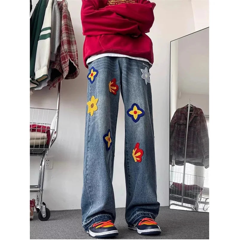 Autumn Y2K Vintage Flower Embroidery Jeans For Men Hip Hop Fashion Baggy Denim Pants Women's Streetwear Blue Straight Jean