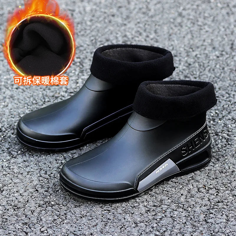 Waterproof Ankle Rain Boots for Men Chef Kitchen Fleece-lined Man Shoes Work Fashion Rainy Day Non-slip Garden Fishing Wellies