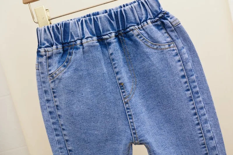 2-12 Year Old Girls Jeans Fashion Lace Elastic Denim Flared Pants Spring Autumn Solid Color Trousers Teenager Kids Girl Clothing