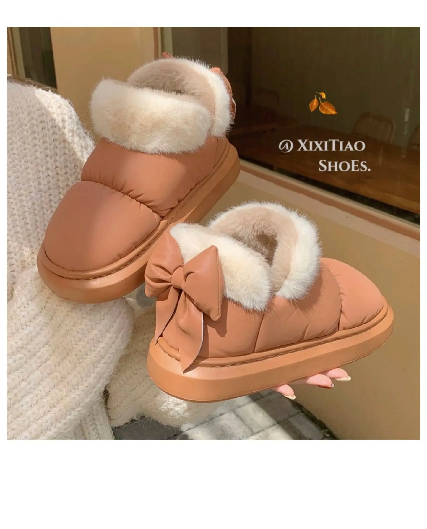 Bow Knot Short Ankle Snow Boots Women Winter Plush And Thick Insulation Waterproof PU Cotton Household Shoes Home Slipper Women
