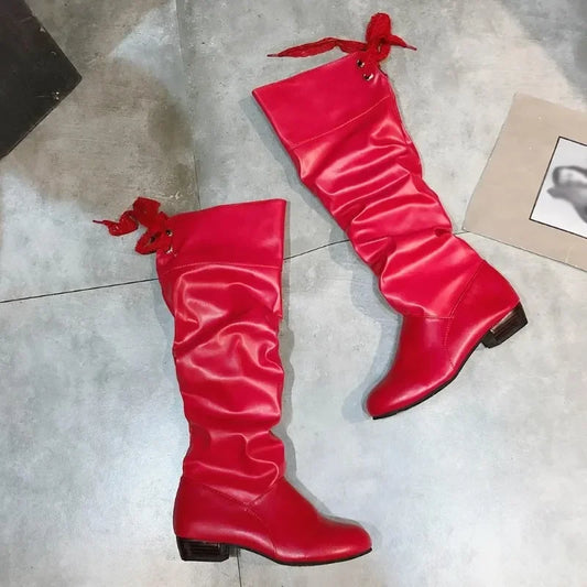 New Fashion Woman’s Autumn Winter Boots Female Stretch PU Leather Shoes Woman Red White Roma Style Knee-Length Plus Size 43