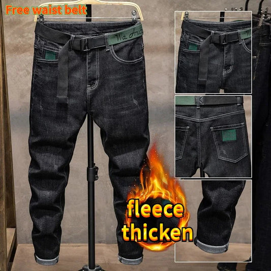 Winter Pants Brushed Denim Fabric Korean Style Clothes Luxury Street Men's Boots Cut Stretch Slim Plush Wool Thicken Jeans Pants