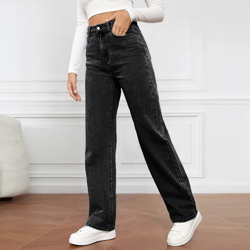 Pantalones vaqueros rectos para mujer, lavados, cintura alta, holgados, bolsillos, básicos, hasta el tobillo, color liso, ligeramente elásticos.