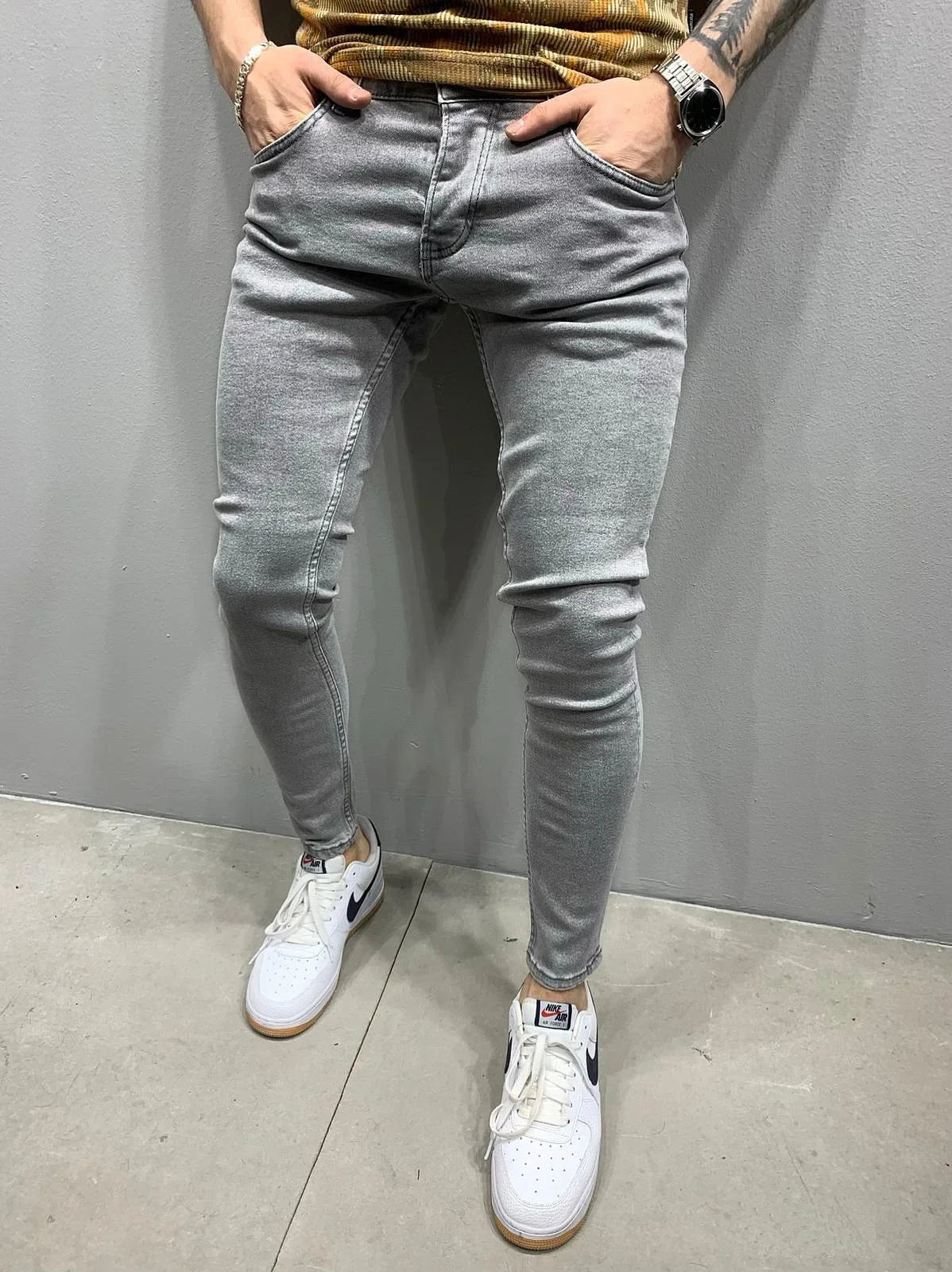 Men Jeans Denim Pencil Pants Sheath Ankle Length Washing Solid Slim Pockets Slight Strech Mid Waist High Street Y2k Streetwear