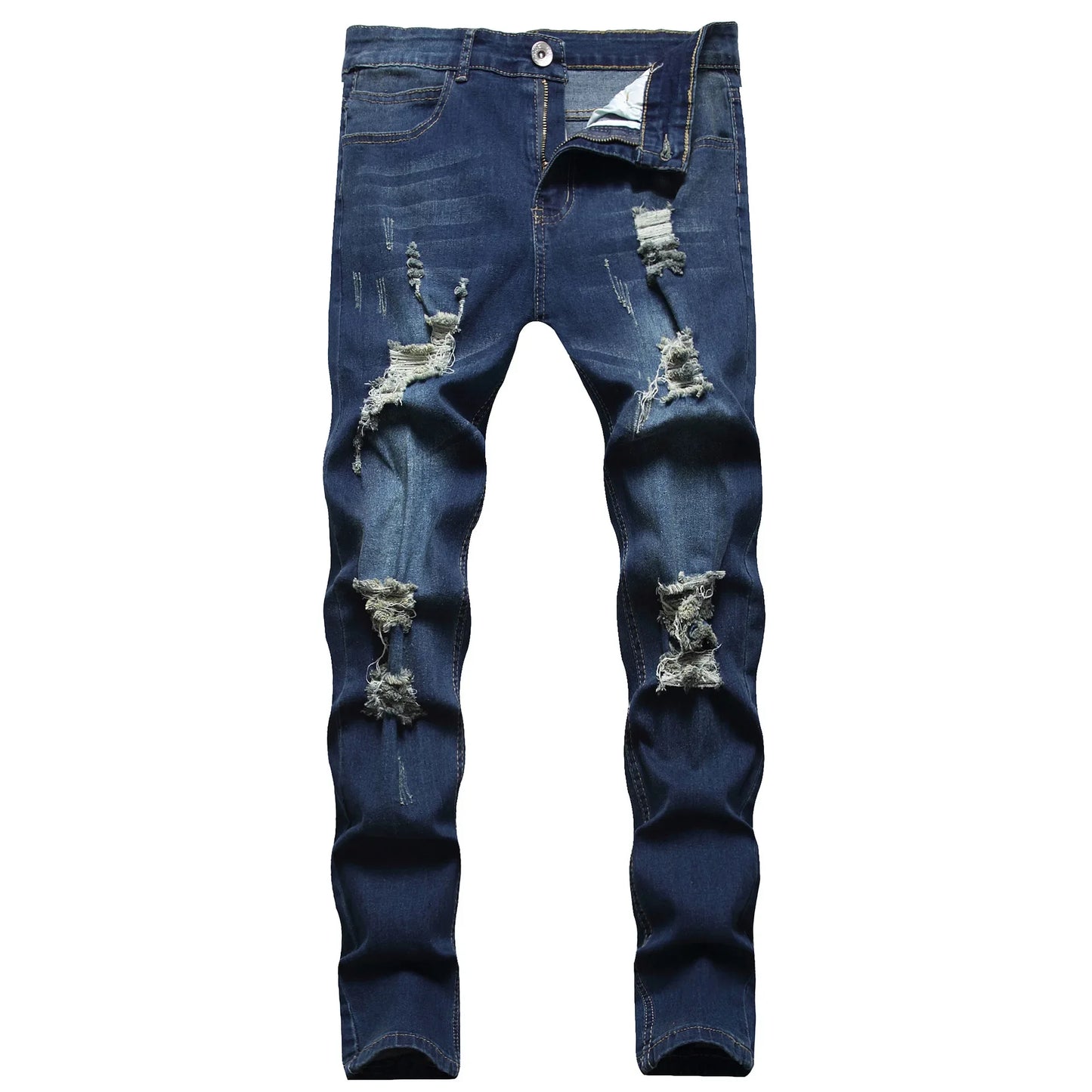 Jeans Men Hole Distressed Pencil Pants Slim Fit Vintage Zipper Fly Pockets Solid Colour Washed Denims Ankle Length Trousers 2025