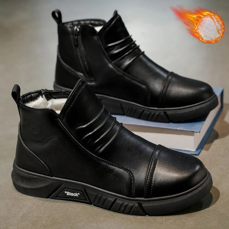 Winter New Fashion Men's Boots Thick Plush Ankle Boots with Thick Soles Black Business Comfortable Leather Shoes tenis masculino