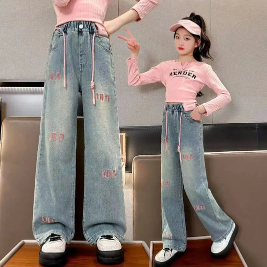 Pantalones vaqueros con letras para niñas, pantalón holgado e informal, elástico, recto, para primavera y otoño, de 2 a 12 años