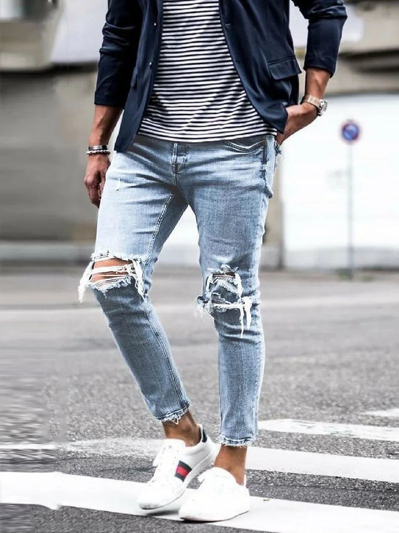 Pantalones vaqueros desgastados para hombre, de otoño, ajustados y adelgazantes, nuevos pantalones elásticos, pantalones de pierna pequeña para hombre.