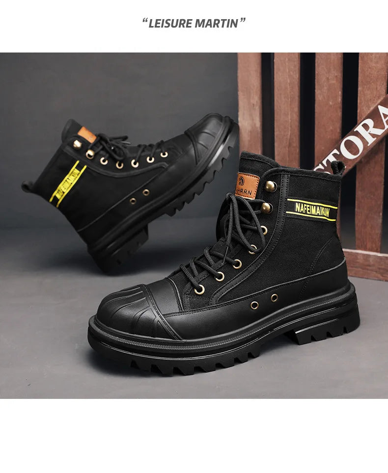 Botines de lona de caña alta para hombre, de diseño moderno, botas de trabajo para exteriores de alta calidad, botines de plataforma para motociclistas