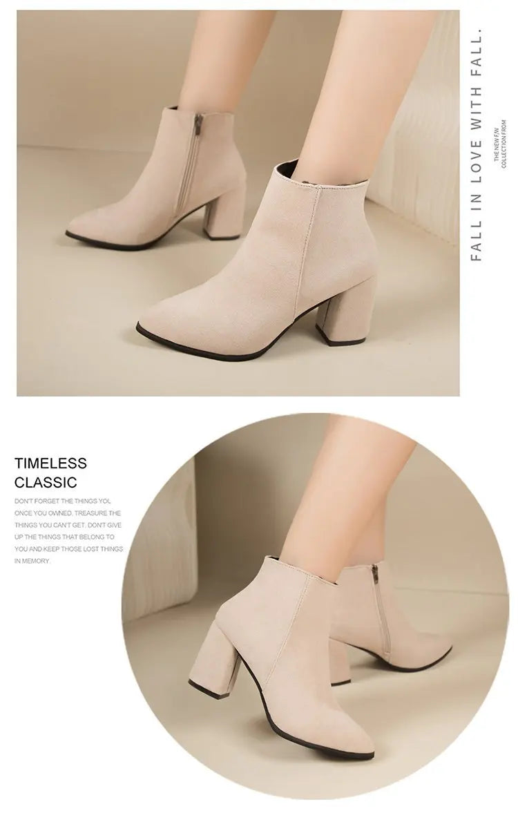 Nuevas botas sencillas de tacón cuadrado con cremallera lateral y tacón alto de ante puntiagudo para mujer.
