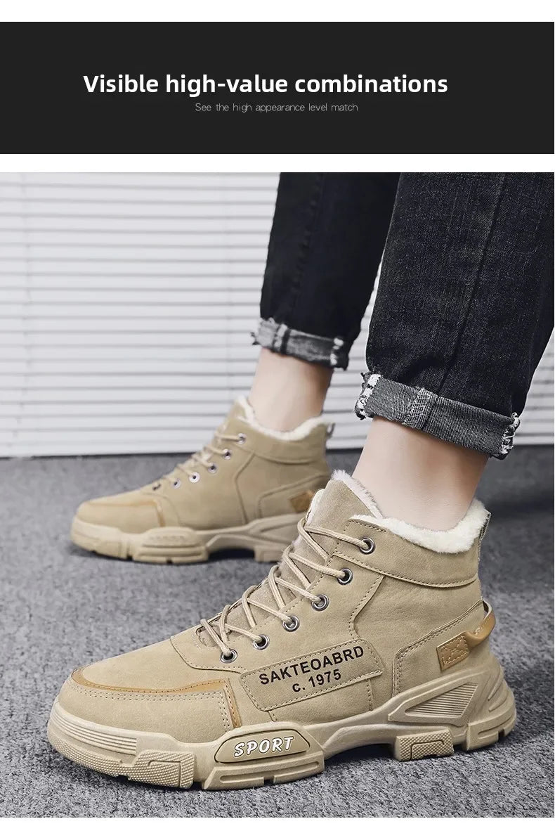 Botas nuevas para hombre, de invierno, de felpa, para la nieve, estilo casual, para exteriores, con cordones, cálidas, antideslizantes, hasta el tobillo.