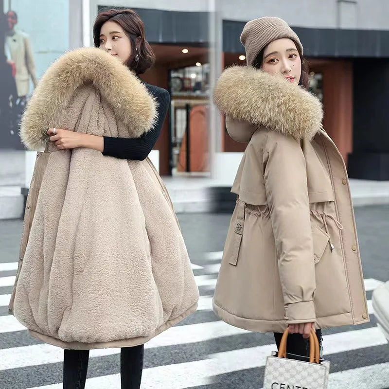 Spring Parkas Women Coats Mid Length Coat Thick Warm Hooded Drawstring Jackets Splice Zipper Tight Waist Jacket Autumn Winter