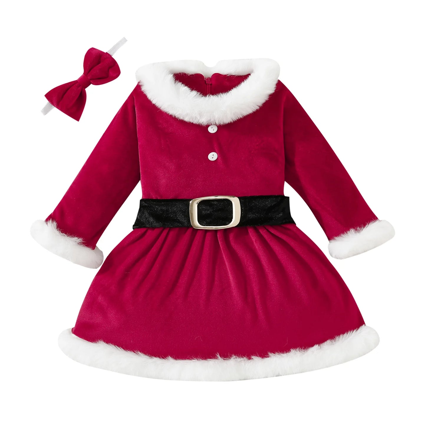Children Christmas Party Dress Velvety with Fluffy Trim Hooded V-Neck Xmas Gown with Waist Bow Girl Red Christmas Dress