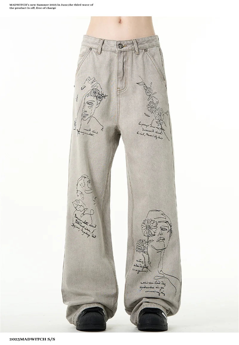 American Retro Graffiti Graphic Printed Jeans For Men Harajuku Fashion Baggy Denim Pants Distressed Y2K Streetwear Jean Trousers