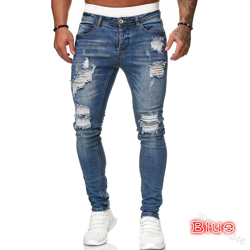 Ripped Mid Waist Slim Fit Men Jeans Vintage Denim Wash Solid Punk Style Skinny Pencil Pants Distressed Holes Ankle Length