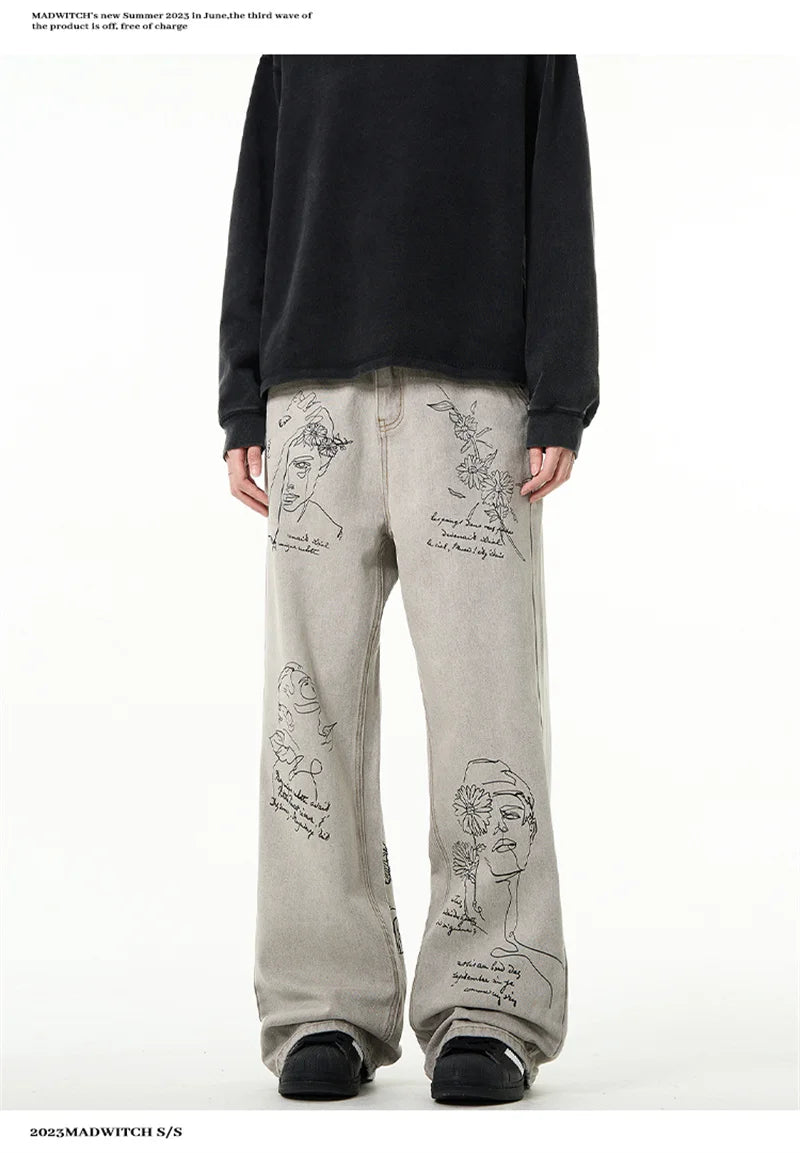 American Retro Graffiti Graphic Printed Jeans For Men Harajuku Fashion Baggy Denim Pants Distressed Y2K Streetwear Jean Trousers