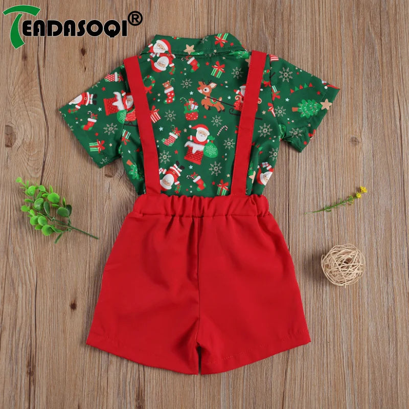 Ensemble de Noël pour bébé garçon de 1 à 6 ans : chemise à manches courtes avec nœud papillon et bretelles, short assorti.