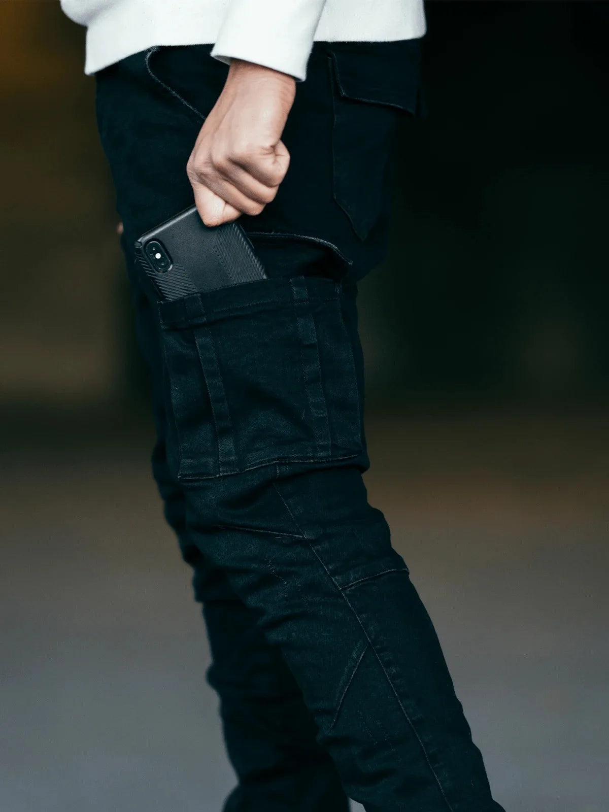 Pantalones vaqueros elásticos de calle para hombre, pantalones cargo de mezclilla lavados, de color sólido, con múltiples bolsillos, pantalones casuales de cintura media, ajustados, para uso diario, para correr