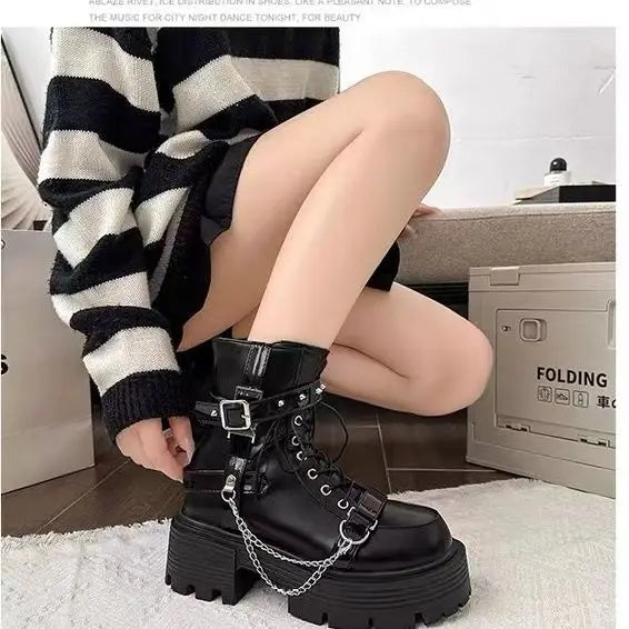 Punk Best - Selling Black Chunky Combat Boots, Metal Chain & Buckle Straps, Ideal for Daily Streetwear