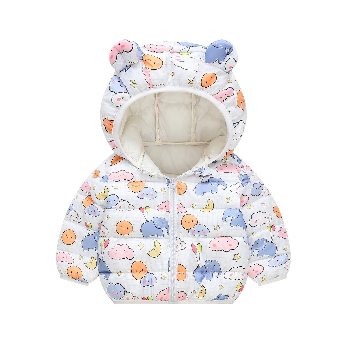 1-6Y Baby Cartoon Bear Ear Hooded Puffer Jackets Infant Warm Printed Winter Coats