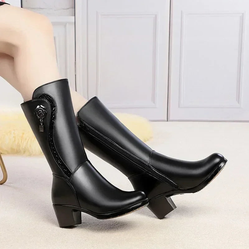 Winter Women's Boots Plush Warm Snow Boots Fashion Mid-calf High Heel Boots for Women High-quality Leather Boot Botas Mujer