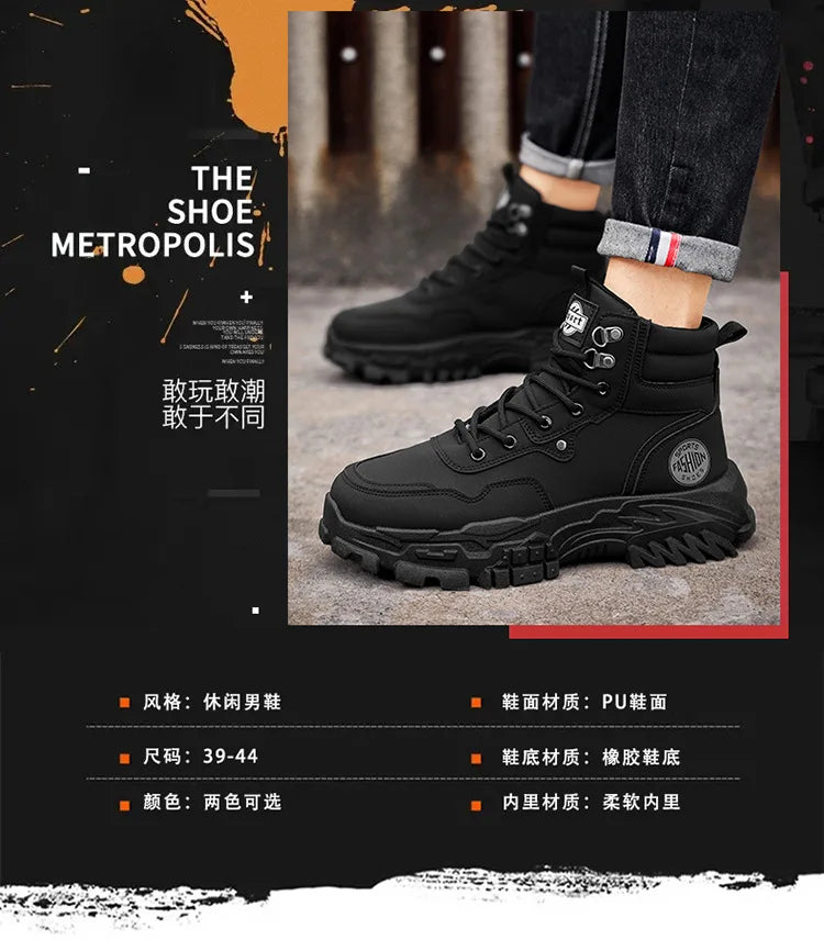 Botas de hombre de algodón, estilo británico, de caña alta, con refuerzos de PU, suela gruesa, cierre de cordones, cómodas y antideslizantes, ideales para deportes de montaña.