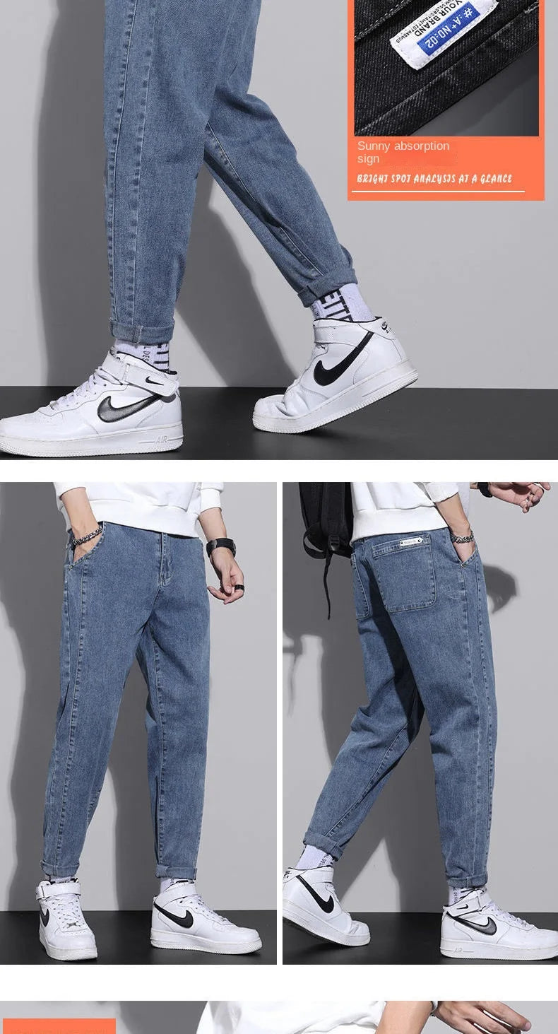 2024 New Arrival Drawstring Gym Clothing Men's Loose Cowboy Leg Jeans Spring Autumn Denim Casual Harem Pants Youth Trendy Jeans