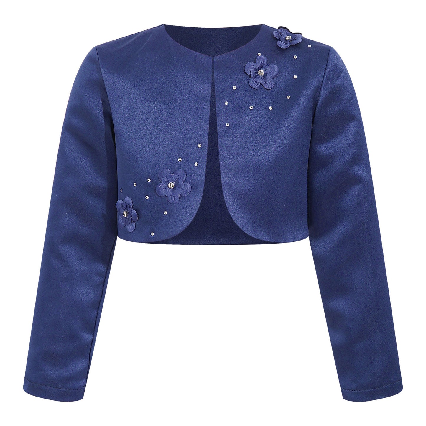 Kids Girls Satin Bolero Jackets Rhinestone Flower Elegant Cardigan Long Sleeve Open Front Shrug Cape Wedding Party Dress Outwear