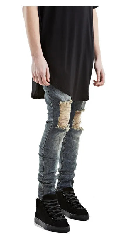 Denim Pencil Ankle Length Pants Men Jean Ripped Washed Zipper Fly Hole Jeans Skinny Solid Pockets High Street Distressed