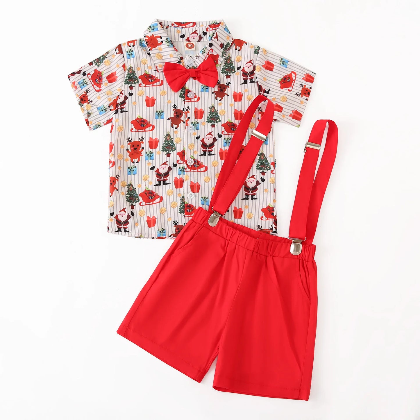 Ceeniu 1-5Y New Year Costume For Boy Christmas Outfit Santa Deer Printed Necktie Shirts and Red Pants Children Christmas Clothes