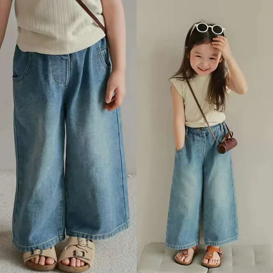 Versión coreana, moda primavera y otoño, nuevos jeans de pierna recta para niñas, ropa casual básica y versátil para niños de 3 a 7 años.