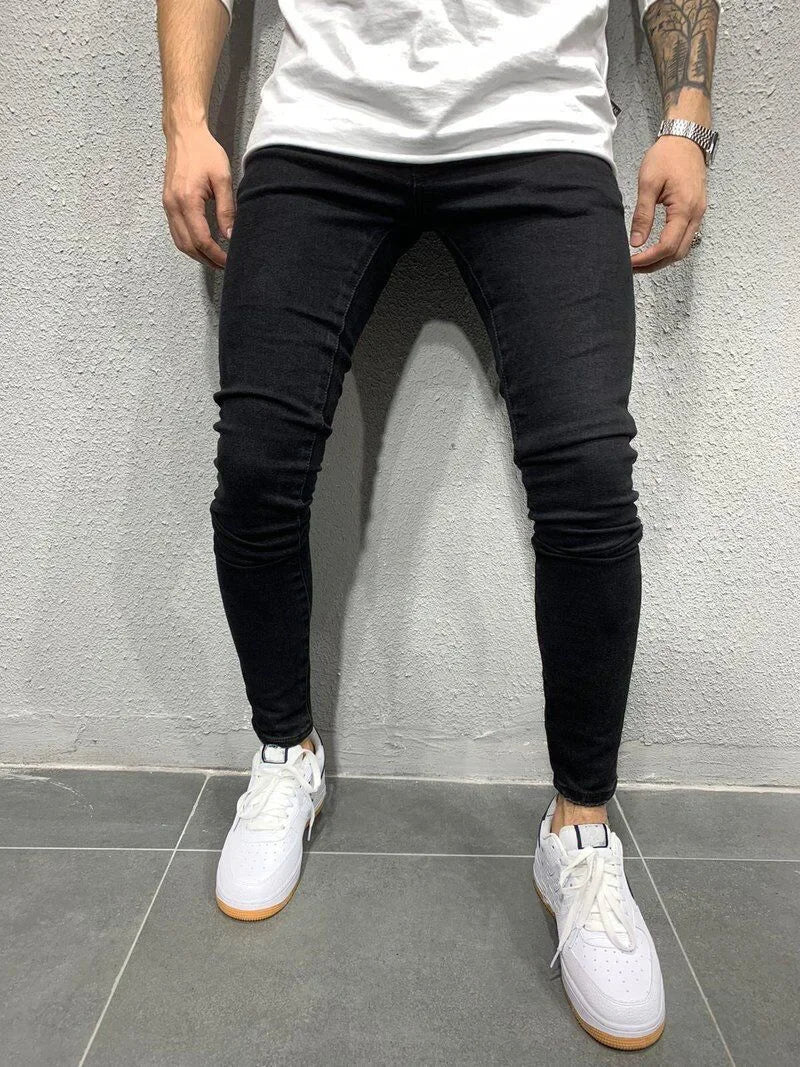 Men Jeans Denim Pencil Pants Sheath Ankle Length Washing Solid Slim Pockets Slight Strech Mid Waist High Street Y2k Streetwear