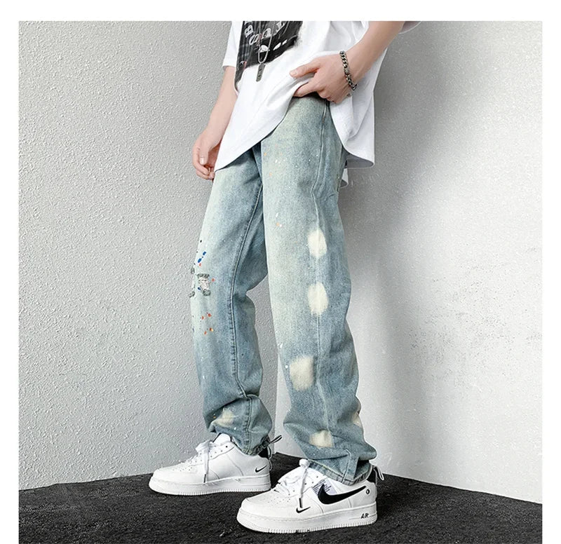 Men's Splashing ink Ripped Baggy Jeans 2024 New Hip Hop Fashion Graffiti Holed Straight-leg Denim Pants Y2k Streetwear Jean