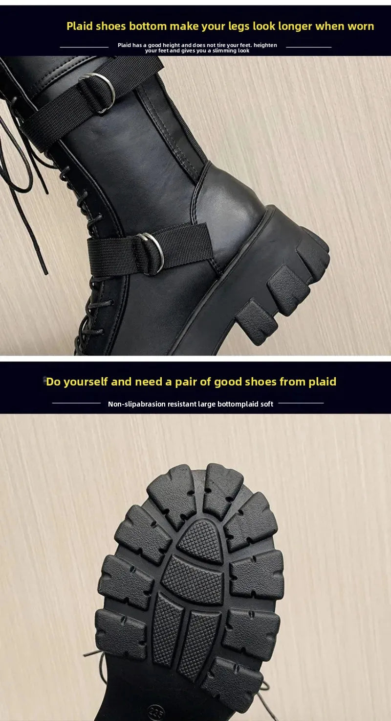 Women's Mid-Calf Boots High Quality Casual Leather Boots Fashion Motorcycle Booties Designer Belt Buckle Knight Boots for Women