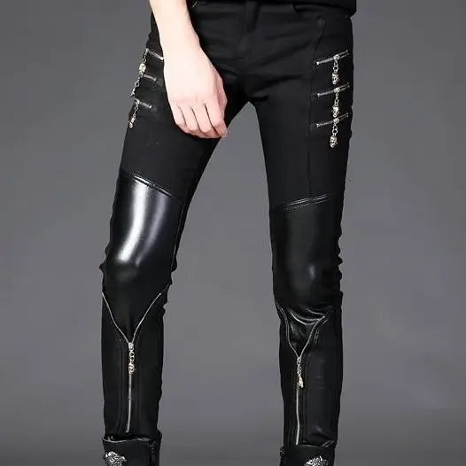 Luxury Men's Jeans Korean Style Slim Jeans for Men New Casual Black with PU Leather Splice and Zipper Desinger Nightclub Pants