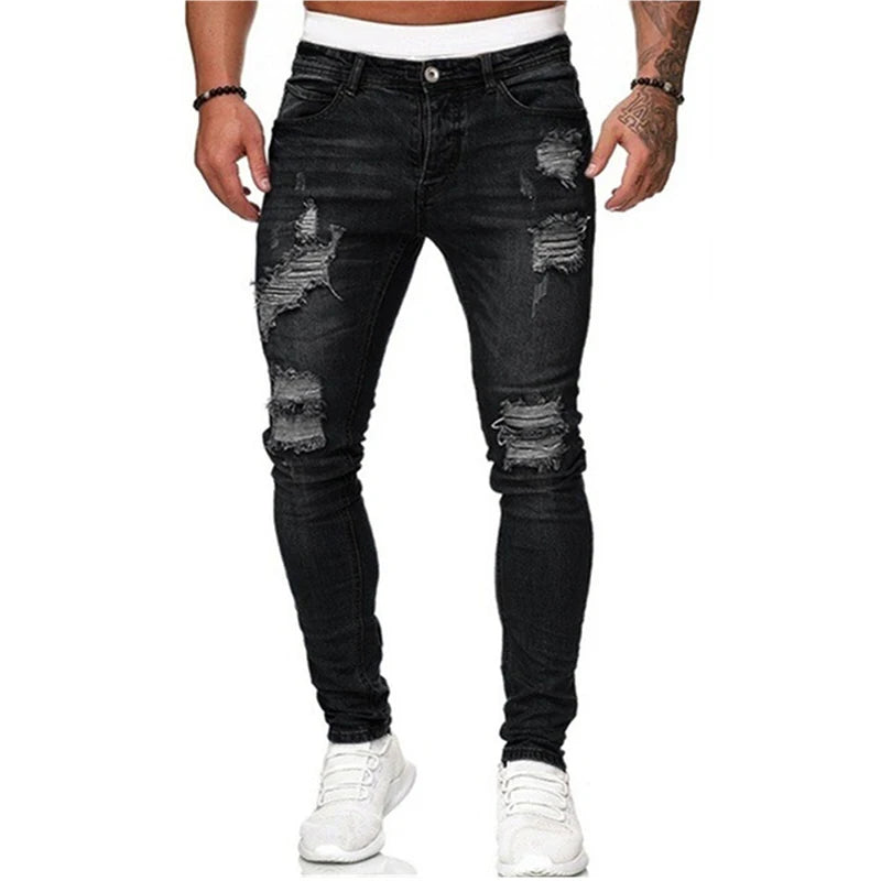 2024 Nuevo estilo callejero, pantalones vaqueros ajustados rotos para hombre, pantalones vaqueros lisos con lavado vintage, pantalones vaqueros ajustados informales para hombre, pantalones vaqueros elásticos tipo lápiz