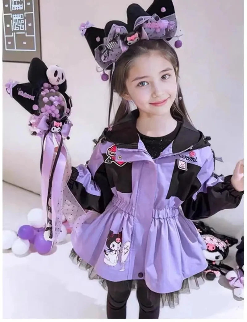 Kuromi Kawaii Kids Girls Jacket Autumn New Cartoon Cinnamoroll Fashion Outdoor Hooded Embroidery Jacket Retract Waist Jackets